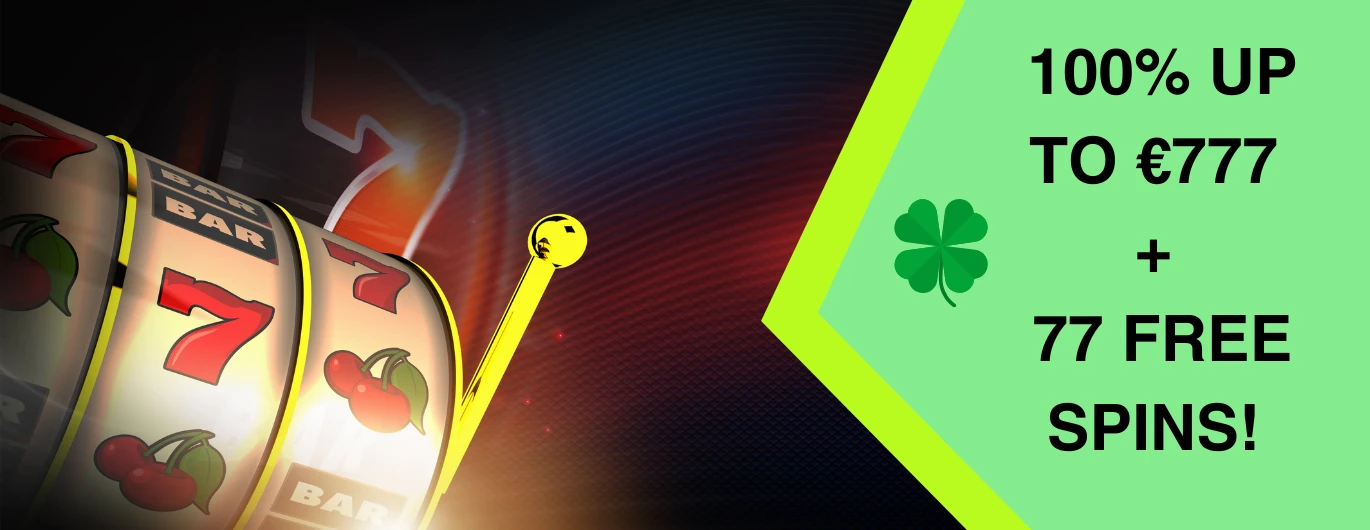 Slot machine with cherries and sevens, offering 100% up to €777 and 77 free spins.
