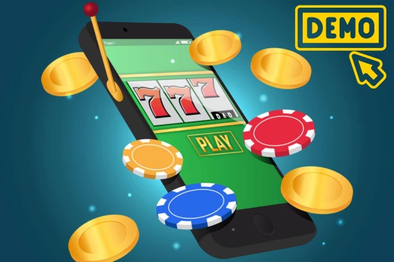 A slot game on mobile device screen and coins.