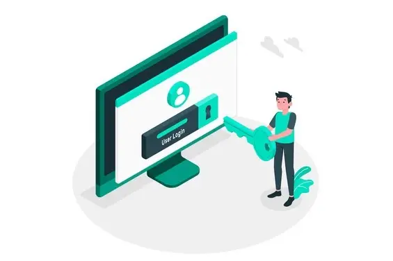 Illustration of a person with a key at a login screen on a large computer monitor.